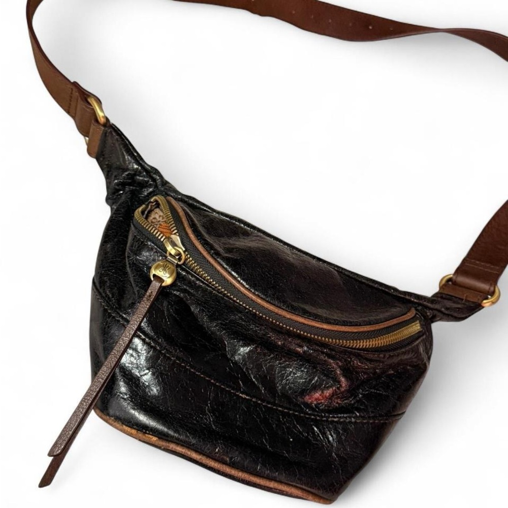 HOBO Black Leather Belt Bag with Brown Strap and Gold Hardware